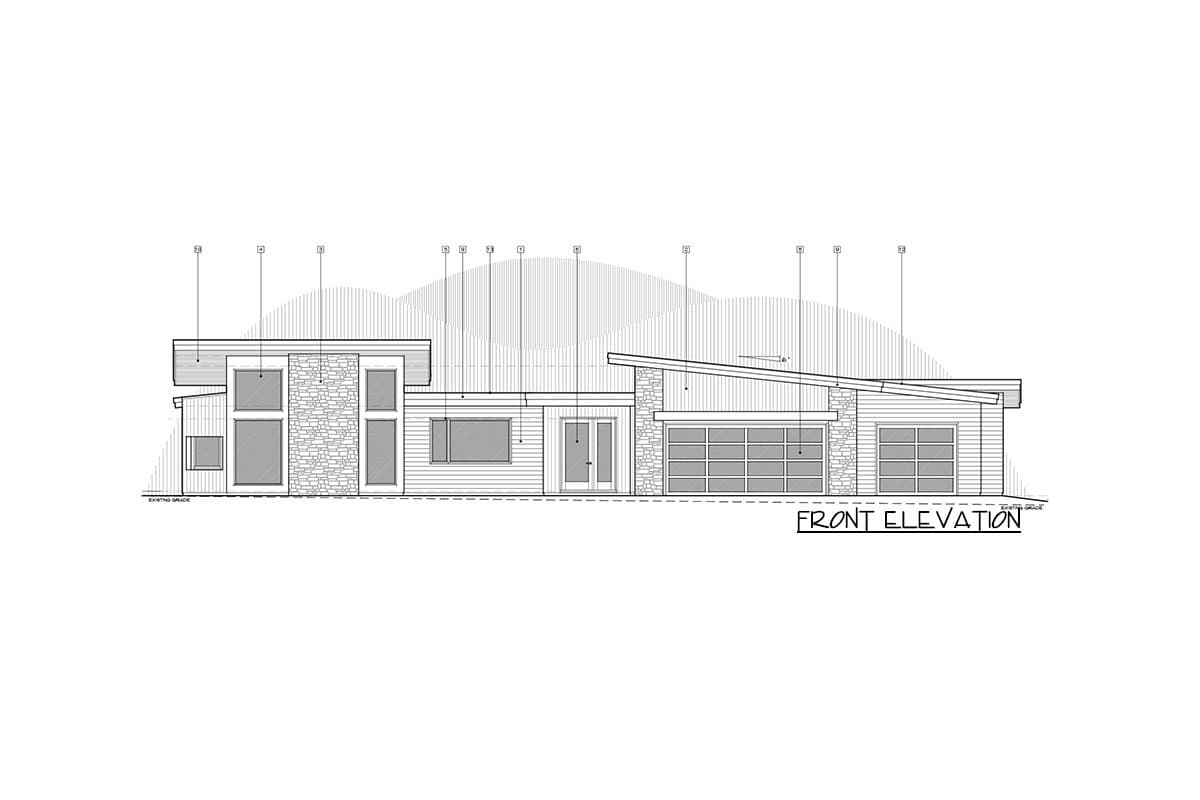 Front elevation drawing of a single-story modern house plan featuring a stone accent wall, large windows, and a sloped roofline.