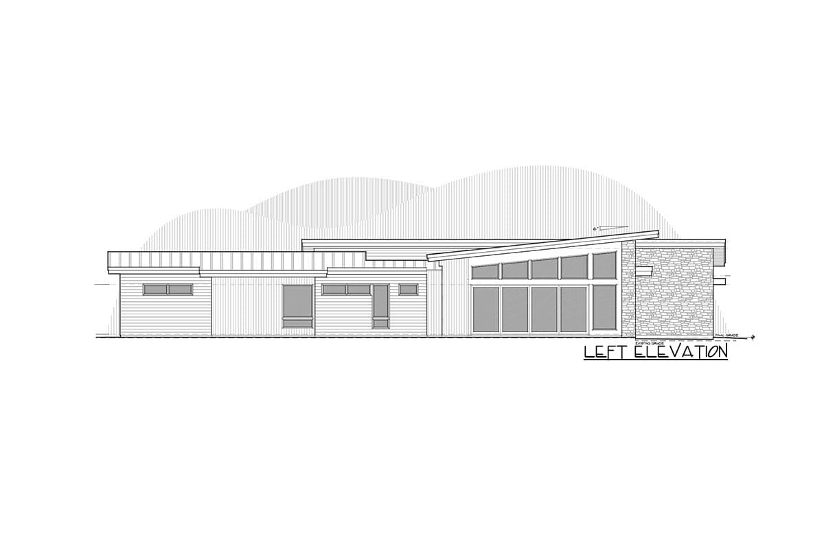 Left elevation drawing of a single-story house with a sloped roof, horizontal siding, and a stone-clad section.