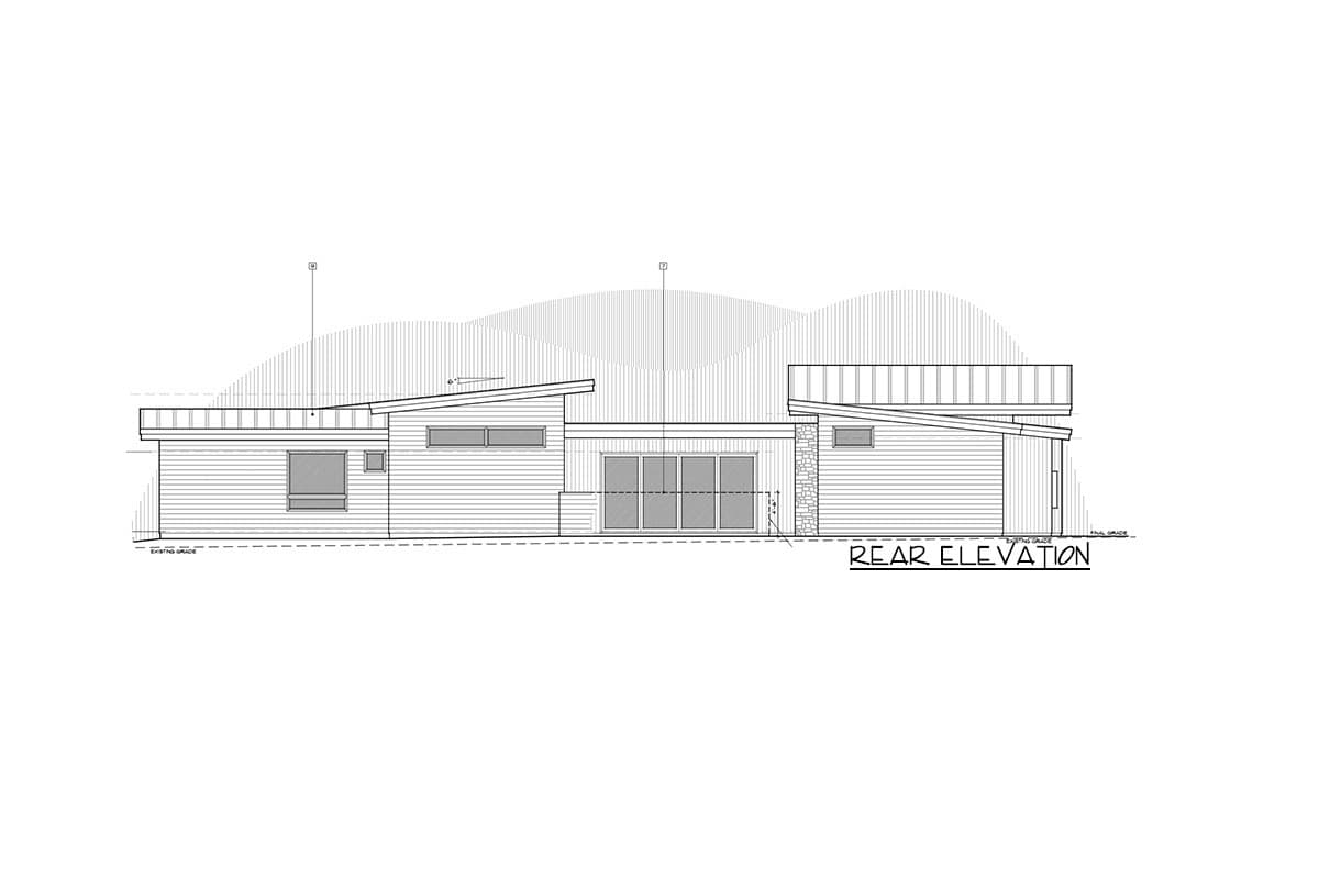 Rear elevation drawing of a one-story house plan with a sloped roof, horizontal siding, and large sliding glass doors.