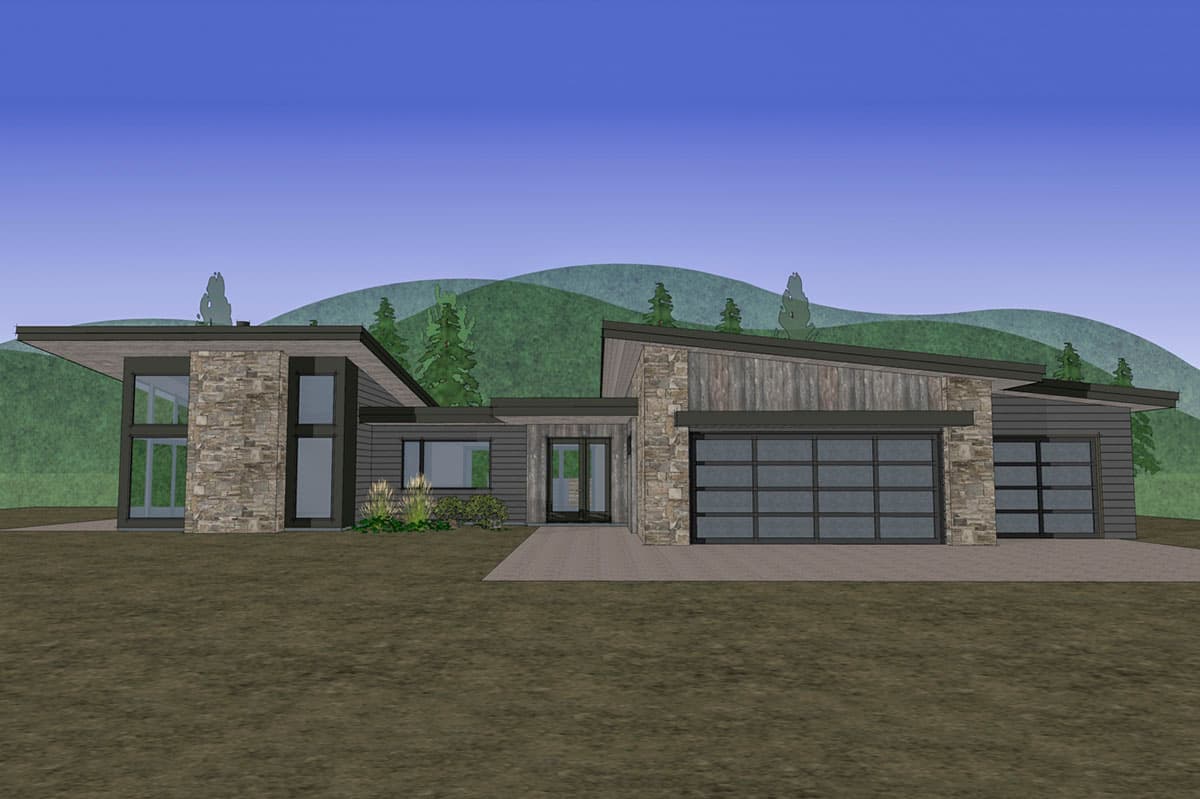 Modern house plan exterior with stone accents, multiple glass garage doors, and a low-pitched roofline.