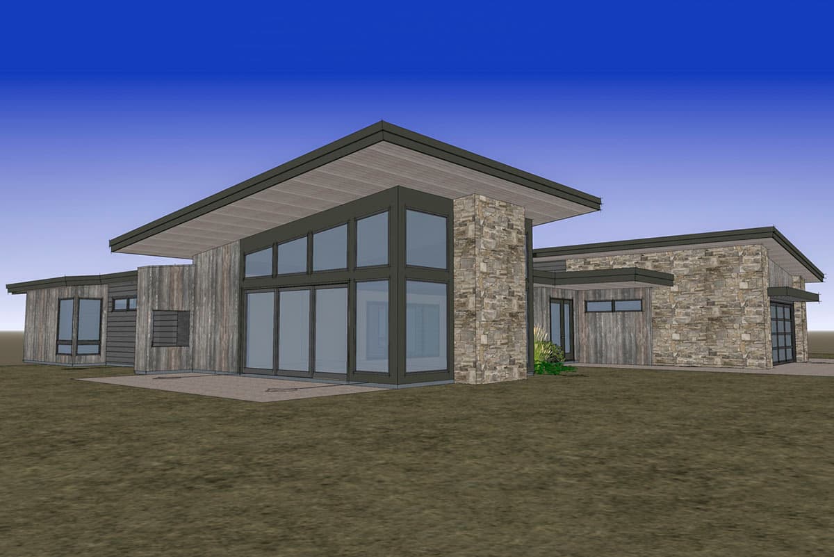 Modern house plan exterior with stone accents, extensive glass walls, low-pitch rooflines, and wood siding.