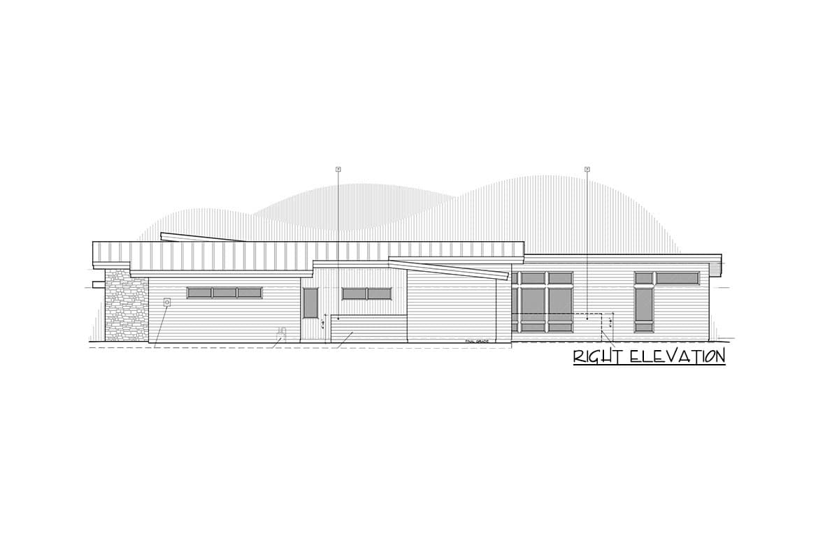 Right elevation drawing of a single-story house with horizontal siding, stone accents, and varied rooflines.
