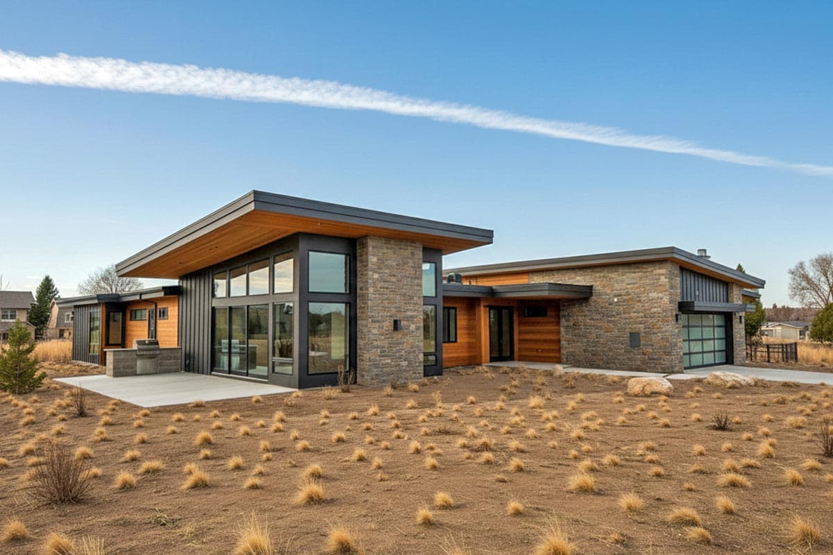 Modern single-story house plan with flat roof, stone and wood facade, large windows, and attached garage.