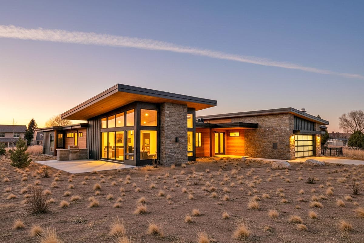 Modern house plan exterior with stone, wood siding, flat roof, large windows, and glass garage door.