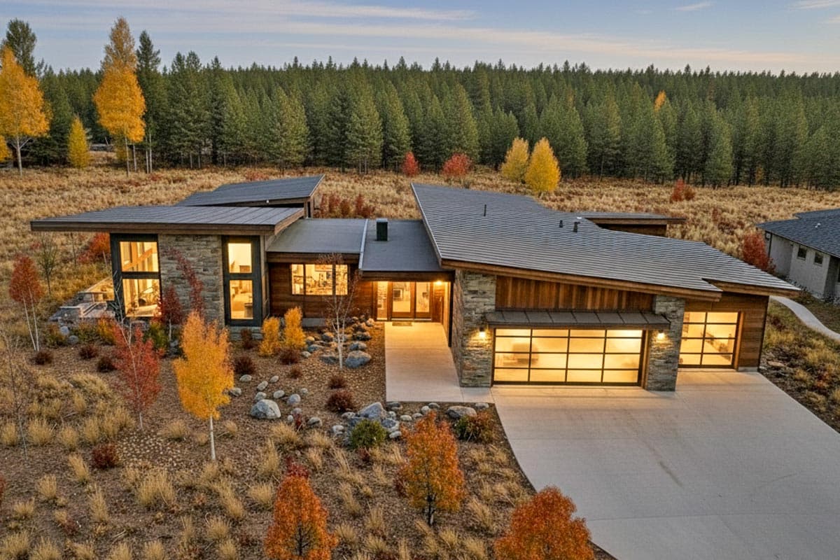 Modern house plan exterior with stone and wood siding, flat rooflines, and large glass garage doors.