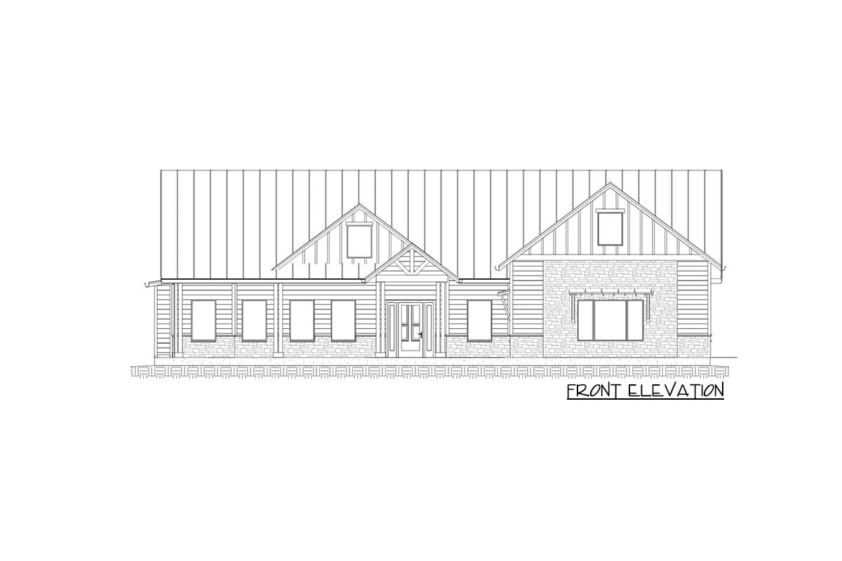 Front elevation drawing of a one-story house plan with a covered porch, gabled dormer, and stone and wood siding.