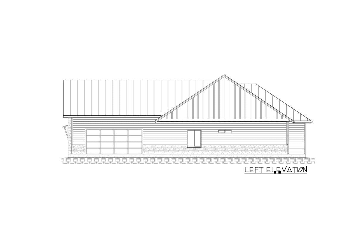 Left elevation house plan showing a single-story home with a metal roof, horizontal siding, stone foundation, and a two-car garage.