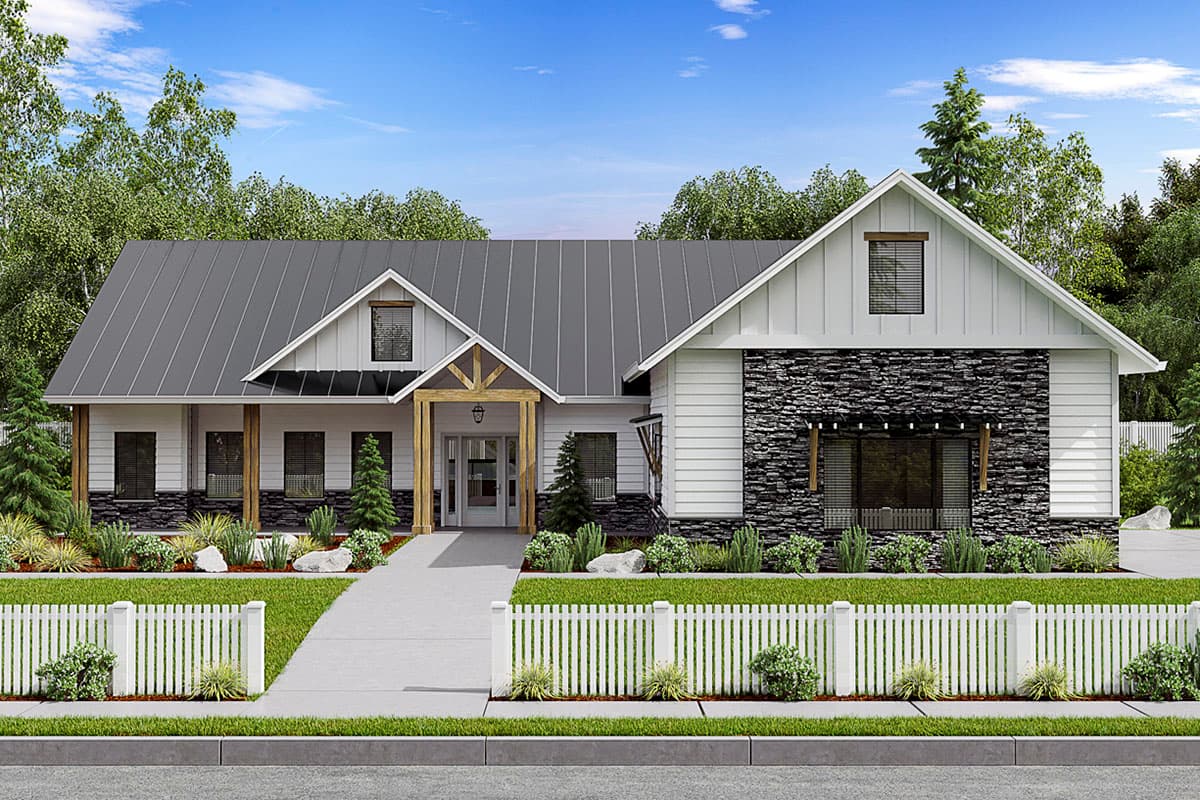 House plan exterior. Modern farmhouse style with gabled roof, stone facade, and covered front porch with timber framing.