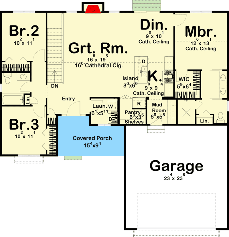 Plan 62909DJ: Craftsman - New American House Plan with Cathedral Ceiling Great Room - Floor Plan - Main Level - Country, Modern Farmhouse, New American, Ranch, Traditional
