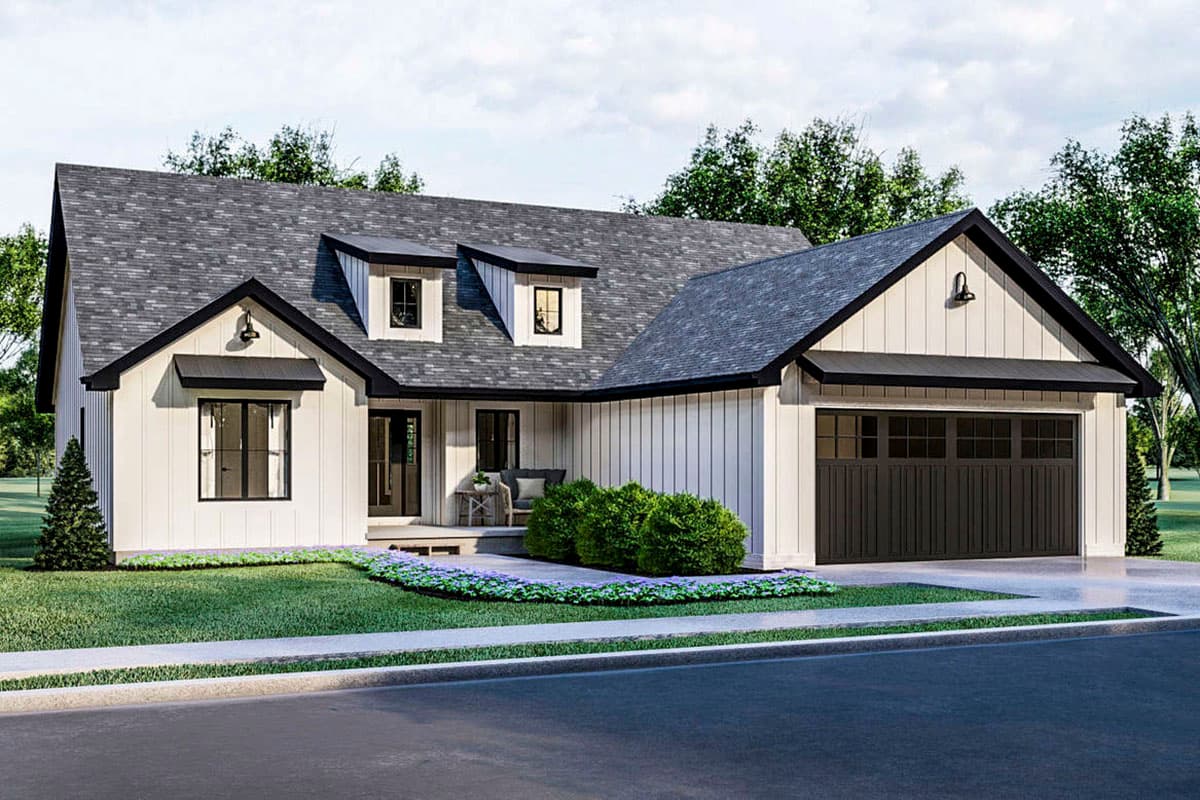 House plan exterior. Two-story Modern Farmhouse with dormers, a covered porch, and a side-entry garage. Features a gabled roofline.