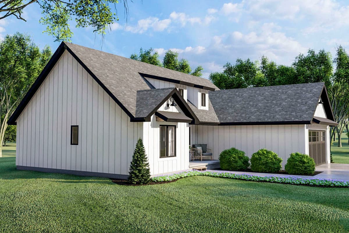 House plan exterior: Modern Farmhouse style, two stories, vertical siding, gabled dormers, and attached garage.