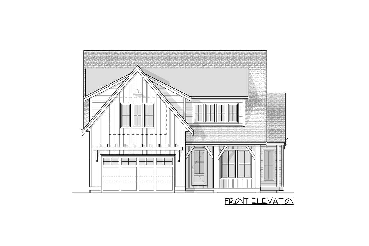 Front elevation drawing of a two-story house plan with a prominent gable, board-and-batten siding, and a covered porch.