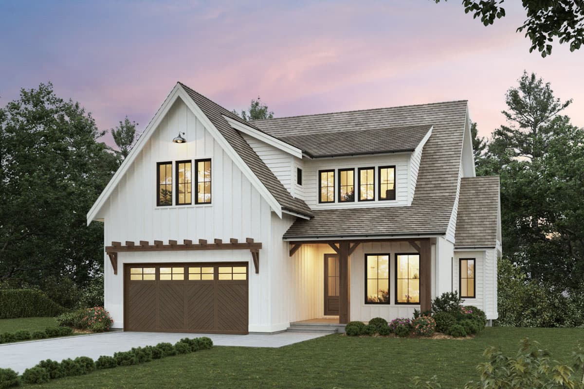 House plan exterior. Two-story Modern Farmhouse with gabled roof, dormer, and attached garage with pergola detail.