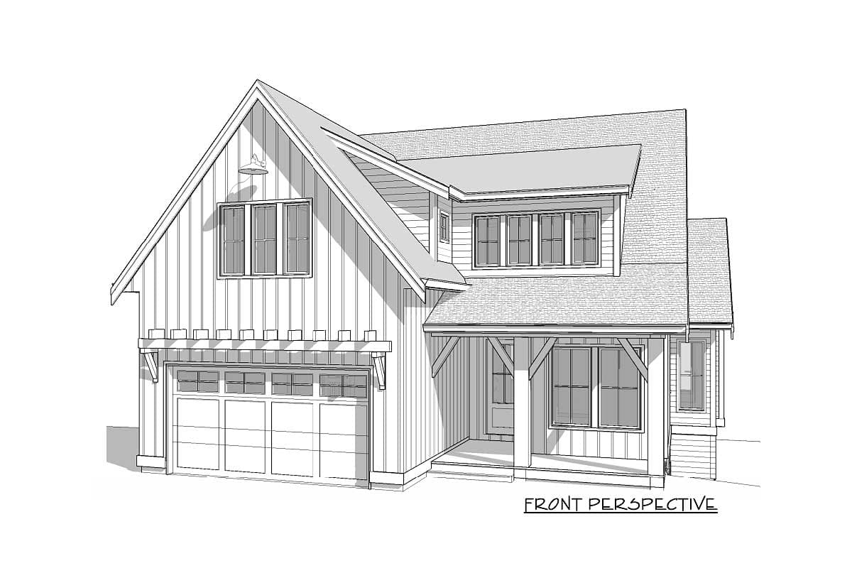 Modern Farmhouse house plan exterior with board and batten siding, gabled dormer, and covered front porch.