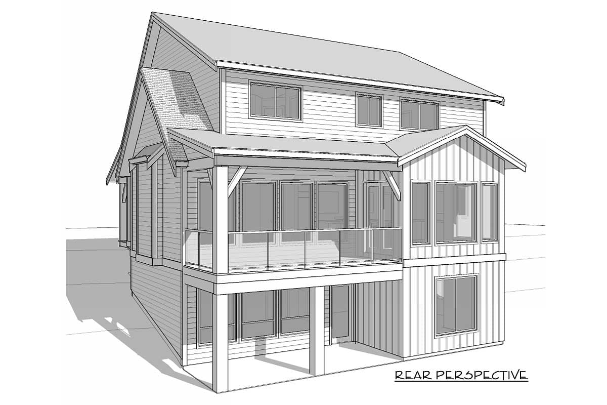 House plan exterior, two-story, with covered deck, gable rooflines, and multiple windows on rear elevation.