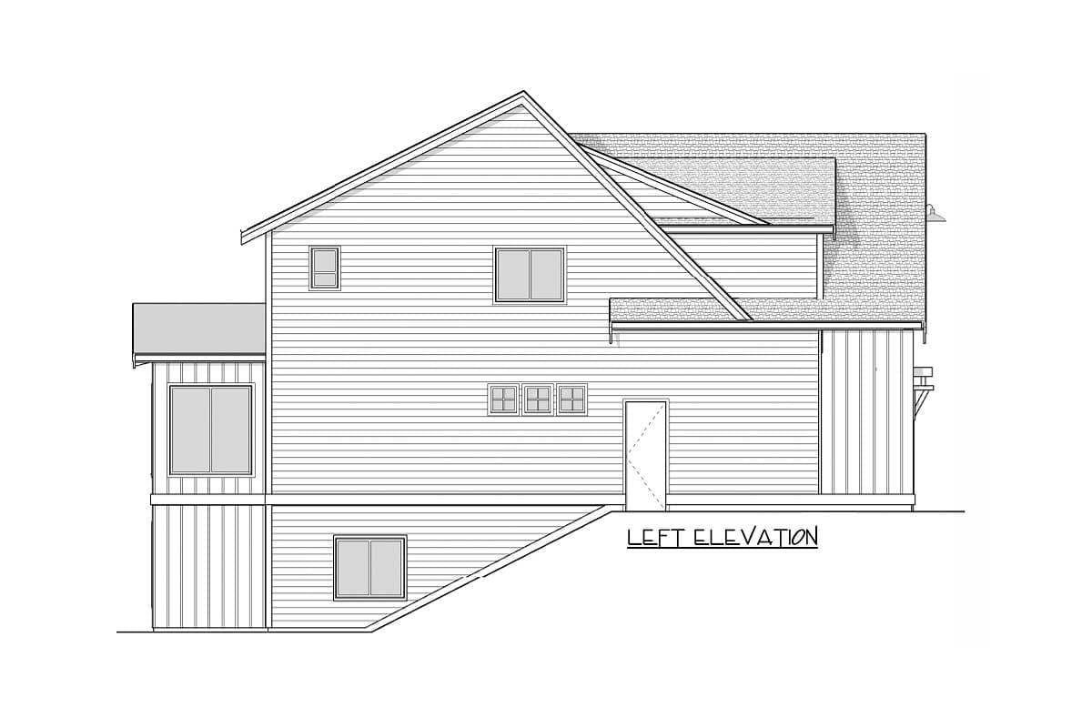 Left elevation house plan showing a two-story structure with horizontal siding, multiple gables, and various window configurations.