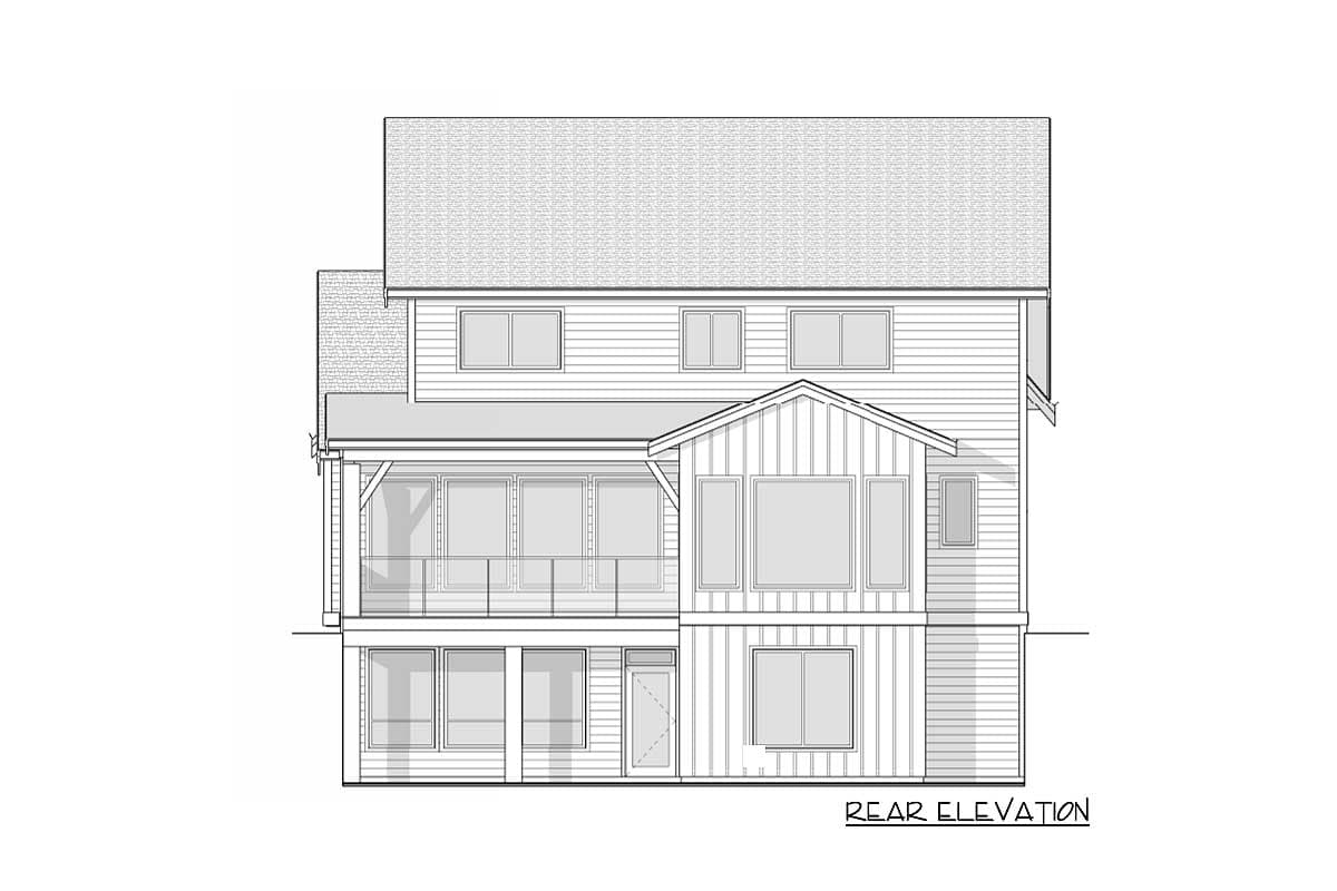 Rear elevation of a two-story house plan featuring a covered deck, large windows, and a gabled dormer.