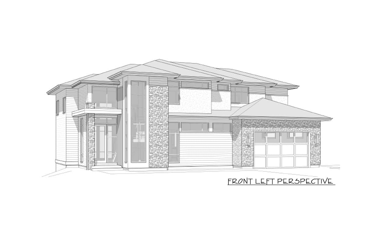 Modern two-story house plan exterior with stone and horizontal siding, covered entry, and attached garage with glass doors.