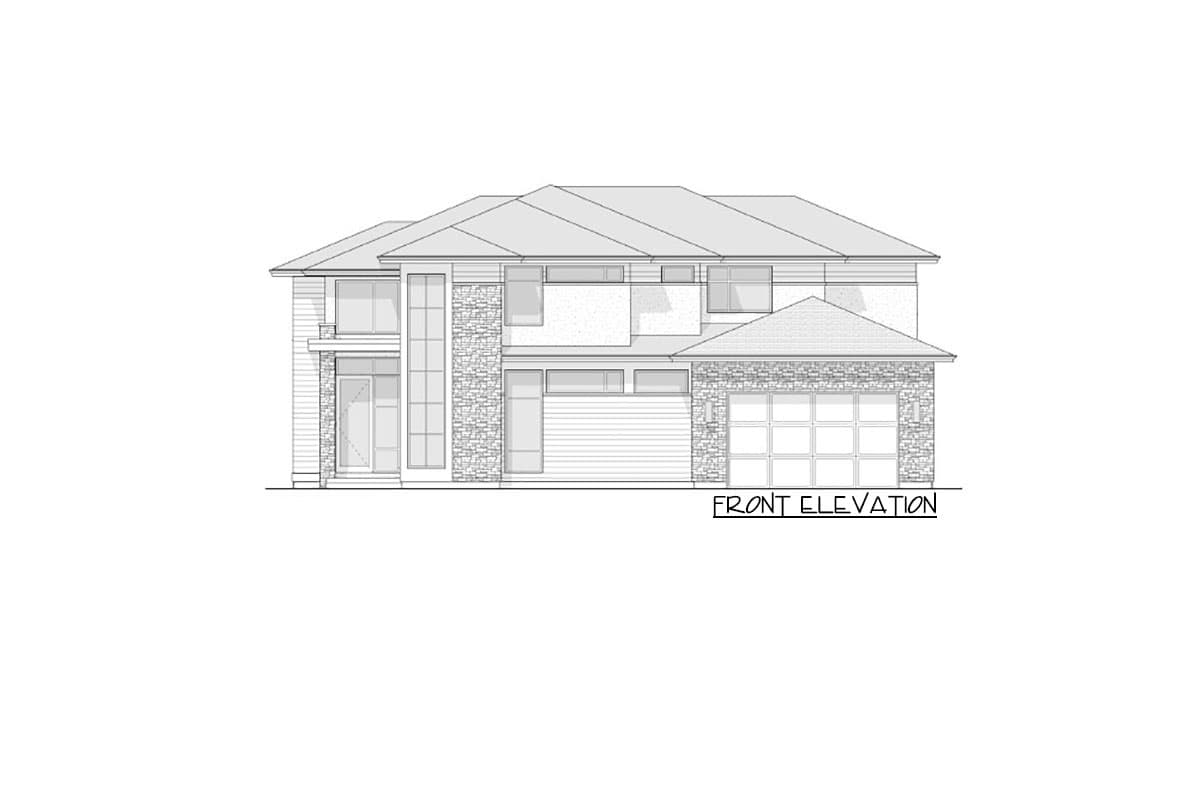 Front elevation drawing of a two-story house with modern design, stone accents, large windows, and attached garage.