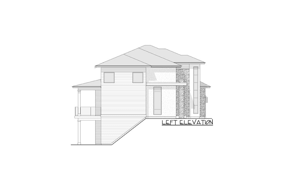 Left elevation drawing of a two-story house with horizontal siding, stone accents, and a covered balcony.