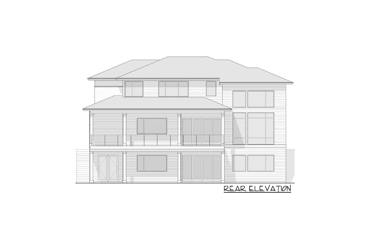Rear elevation drawing of a multi-story house with numerous windows, balconies, and a dual-door entry.