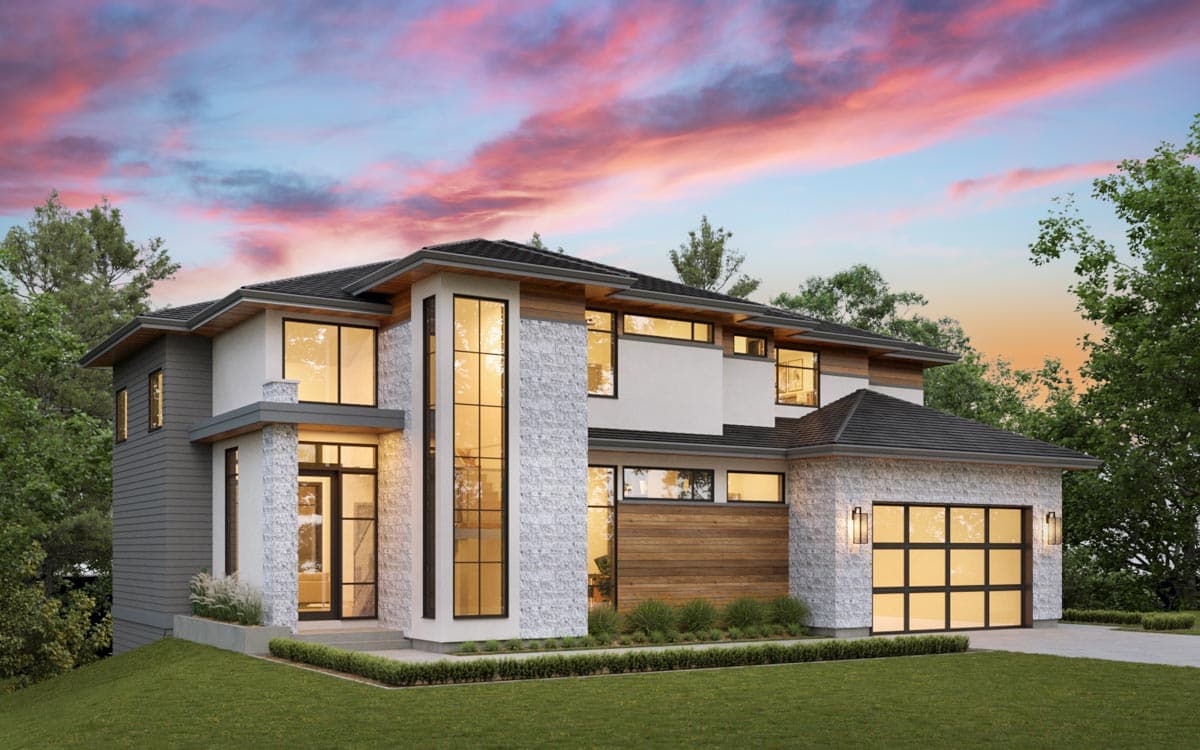 Modern house plan exterior with two stories. Features include large windows, stone facade accents, wood siding, and a glass-paneled garage door.