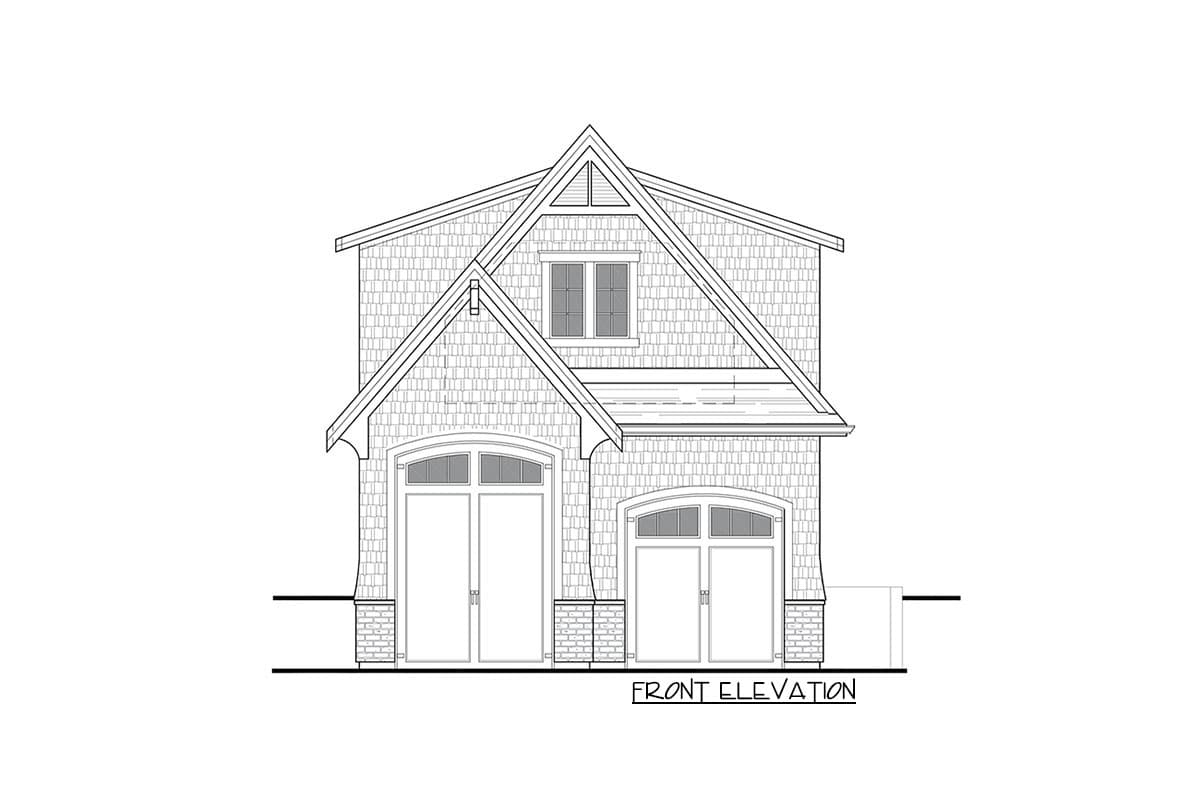 Front elevation drawing of a house plan with two garages, arched garage doors, shingle siding, and a prominent gable.