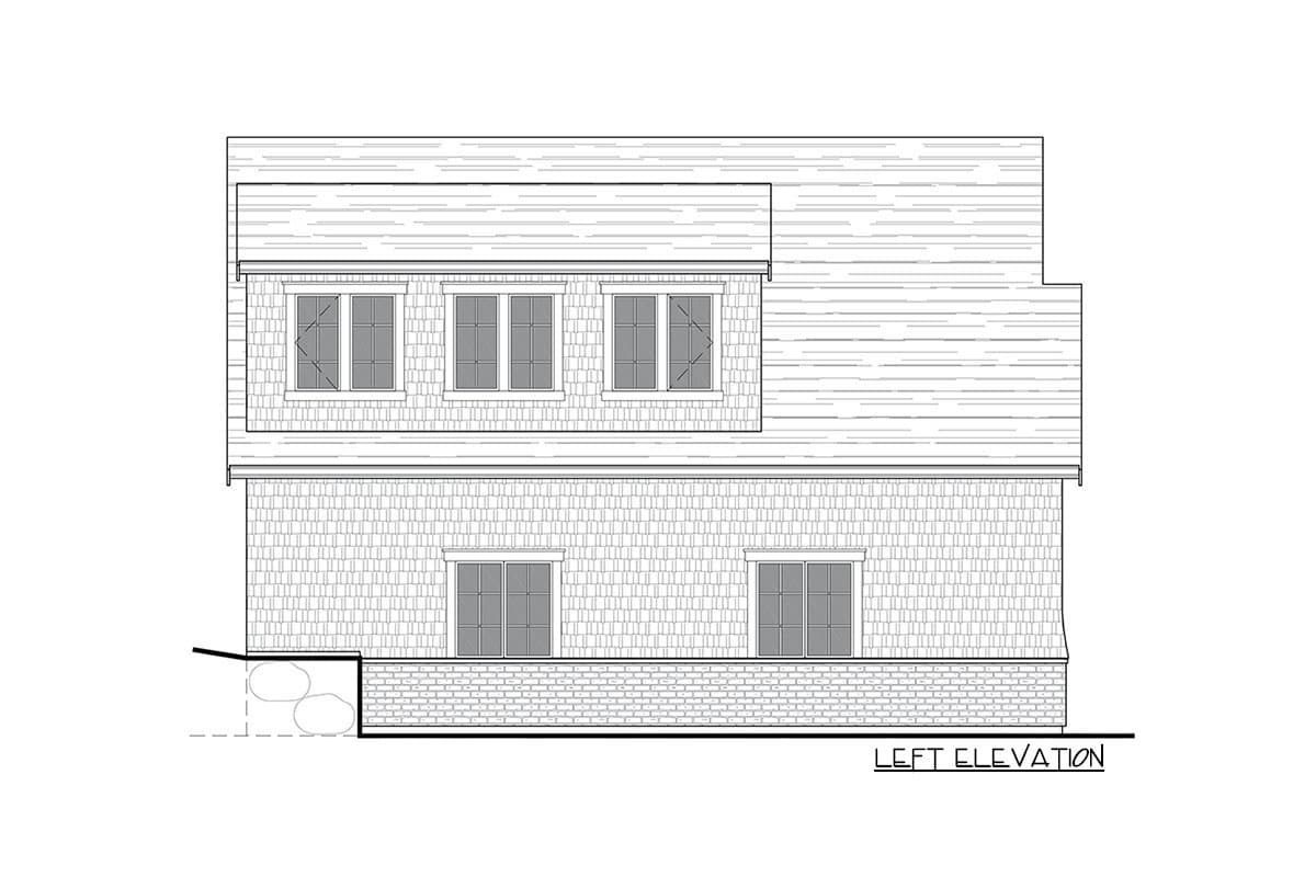 Left elevation house plan with two stories, shingle siding, brick foundation, and multiple windows.