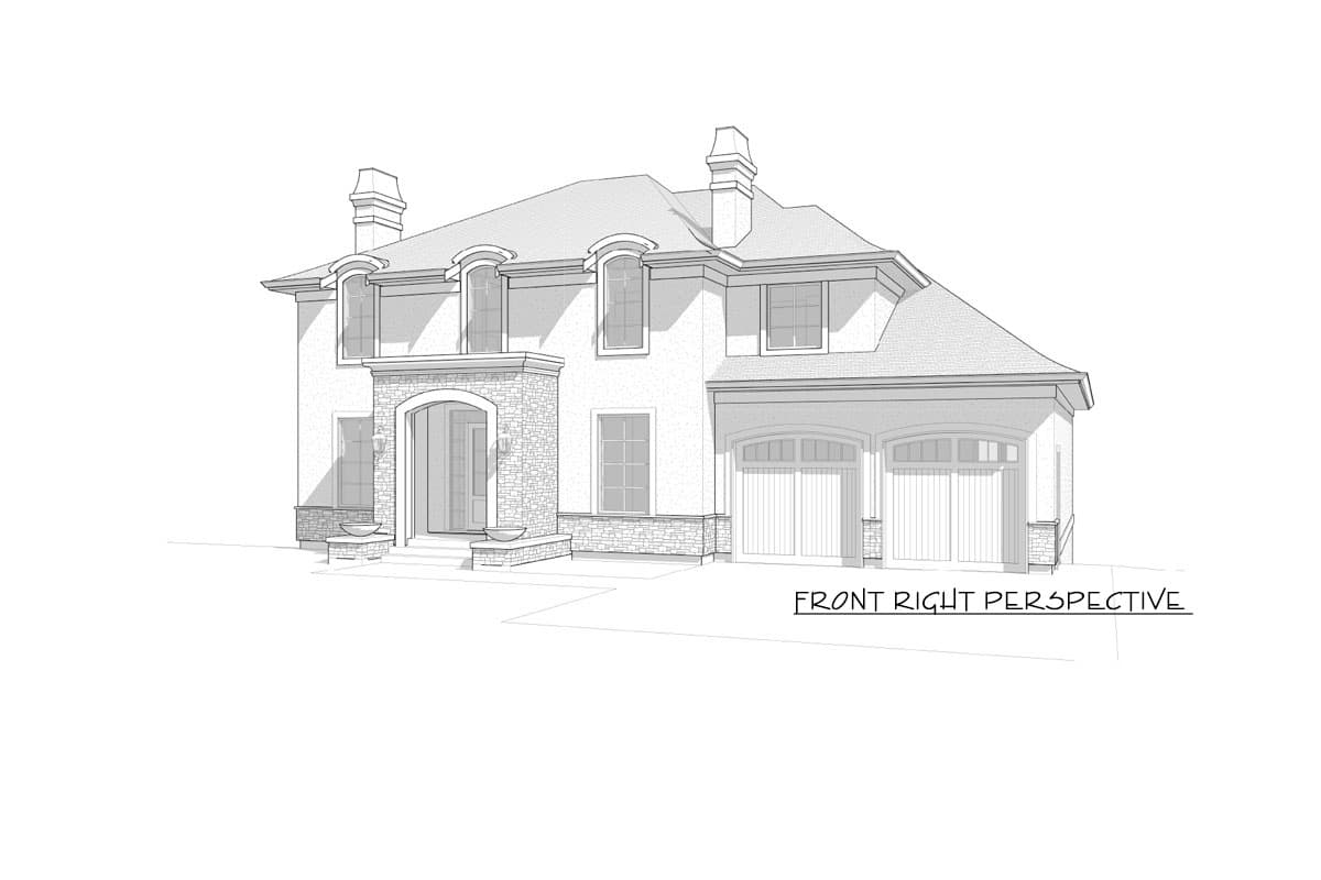 House plan exterior: two-story home with stone-clad arched entryway, mansard dormers, and a double garage.