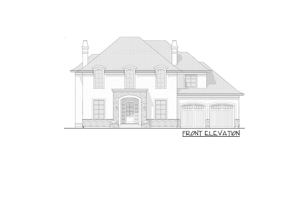 Front elevation drawing of a two-story house with arched windows, stone entryway, and a side-facing three-car garage.