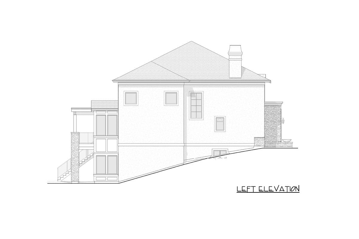 Left elevation house plan showing a multi-story home with a pitched roof, multiple windows, a chimney, and a screened porch with stone accents.