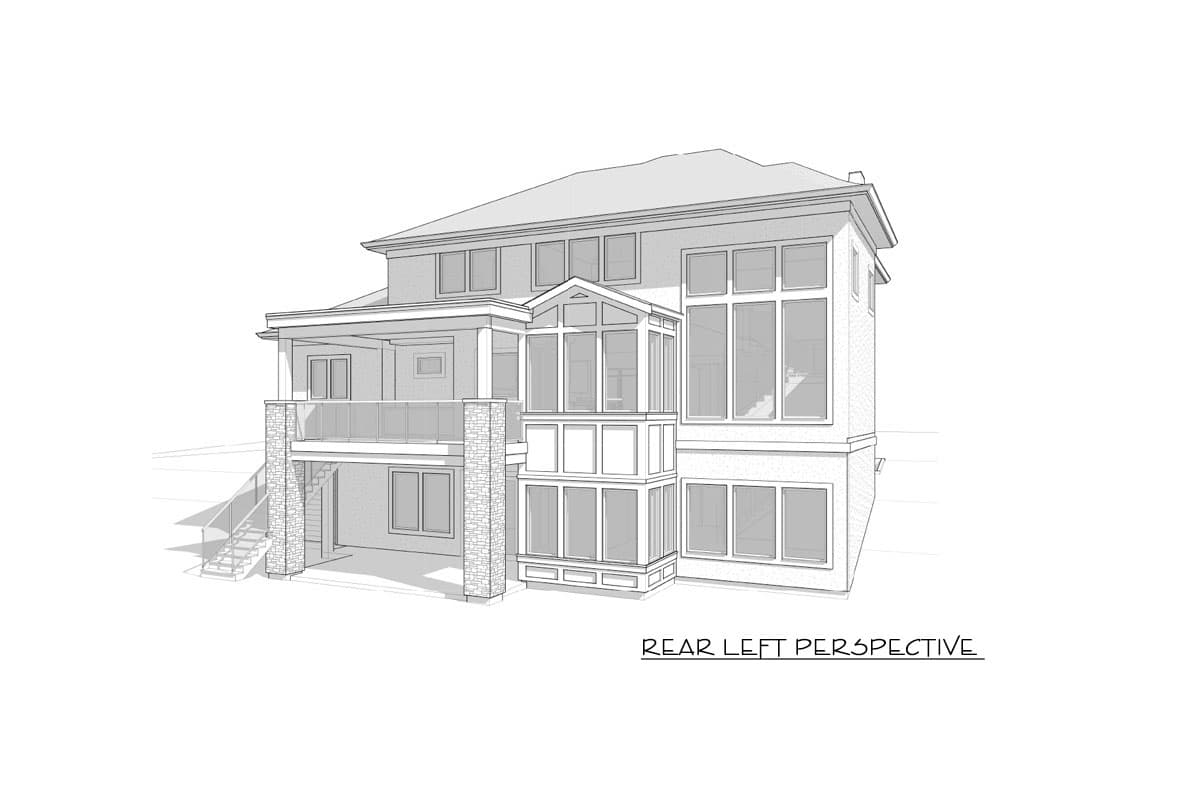 House plan exterior, two-story home with a covered balcony, stone pillar supports, and a multi-story bay window.