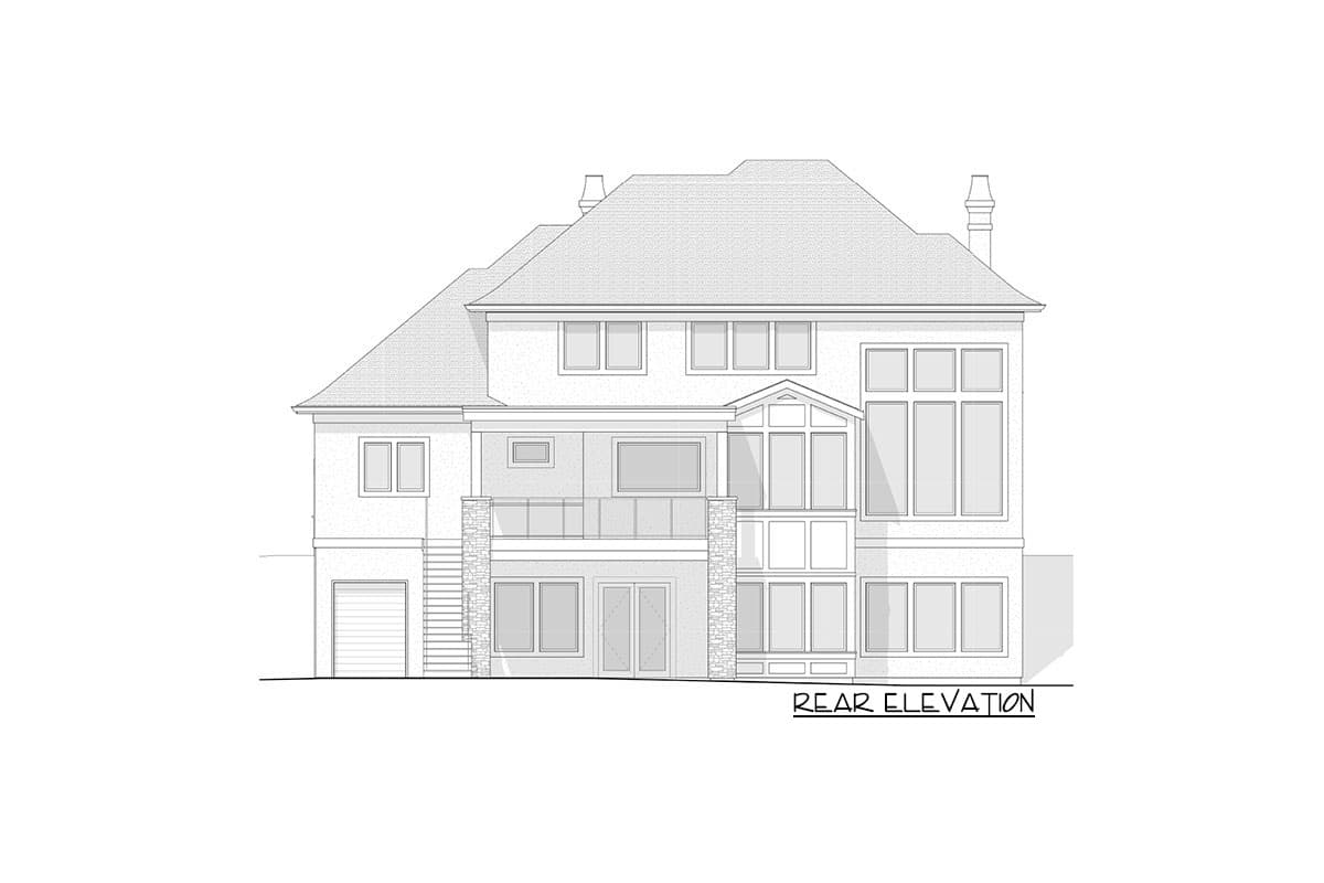 Rear elevation house plan showing a multi-story home with a garage, balconies, stone accents, and large windows.