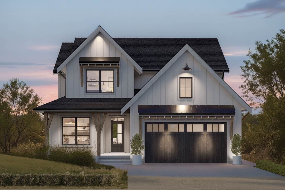 Modern Farmhouse house plan exterior with gable roof, board and batten siding, wood accents, and a dark wood garage door.