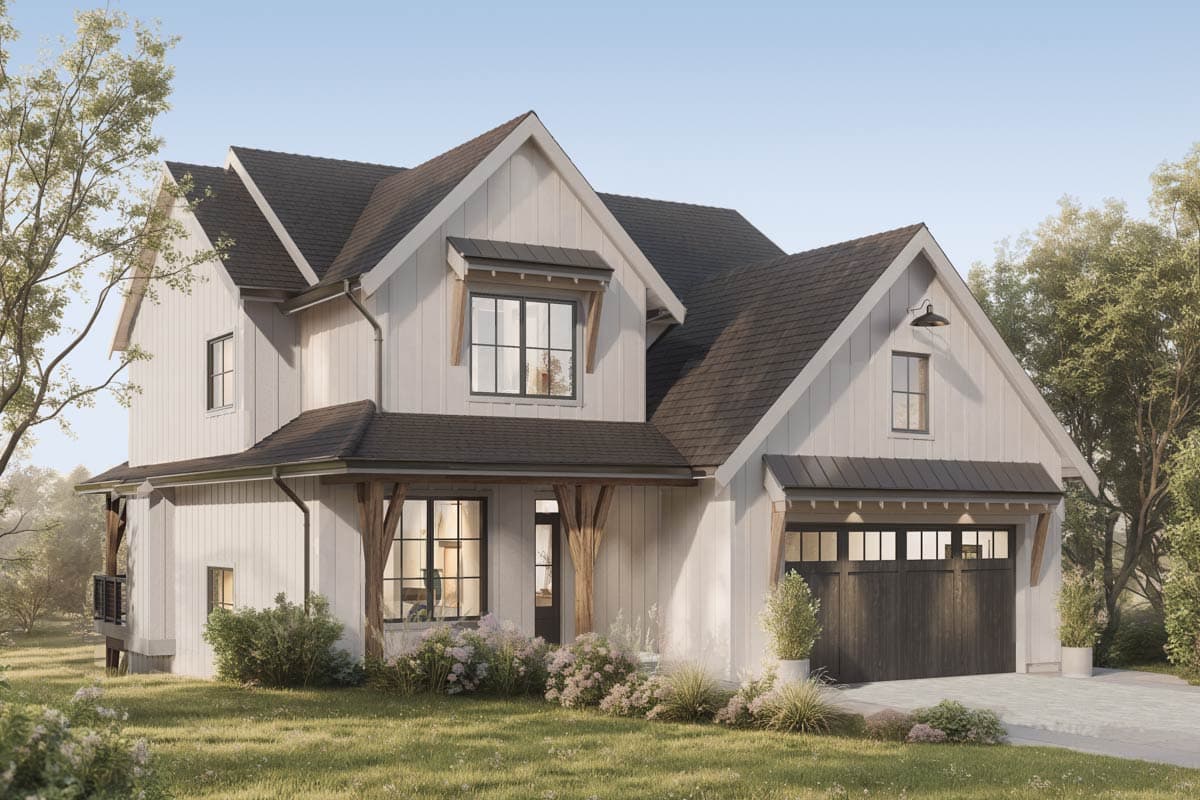 Modern Farmhouse house plan exterior with gables, board and batten siding, exposed wood beams, and a two-car garage.
