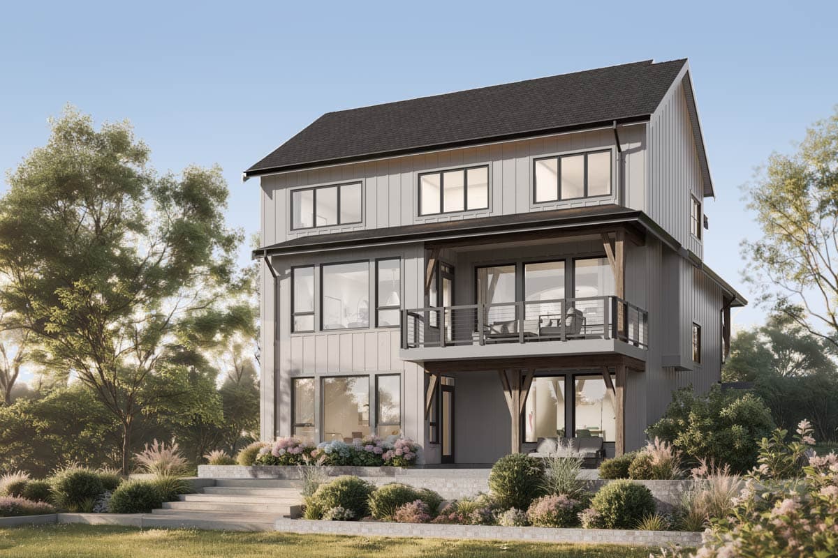 Modern farmhouse style house plan exterior, two stories, with board and batten siding, multiple gables, and covered upper balcony.