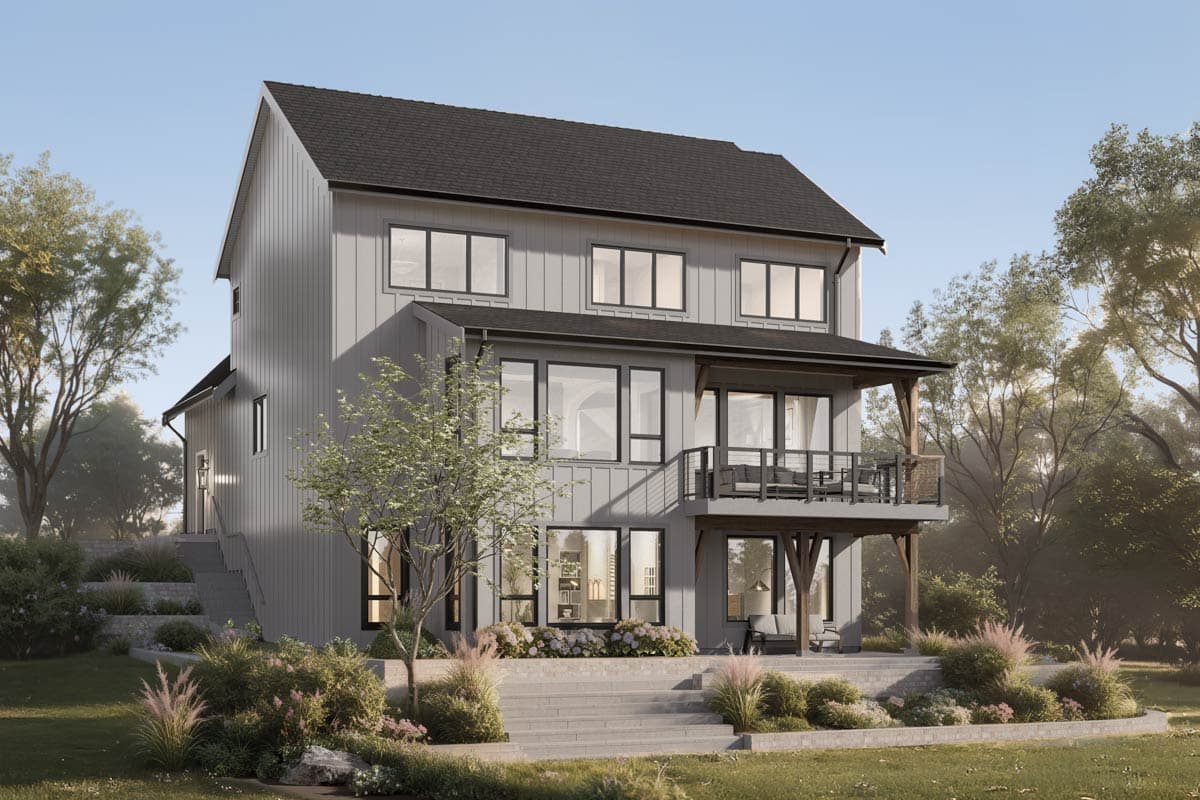 Modern Farmhouse style house plan exterior, three stories, vertical siding, gable roof, second-floor deck, and large windows.
