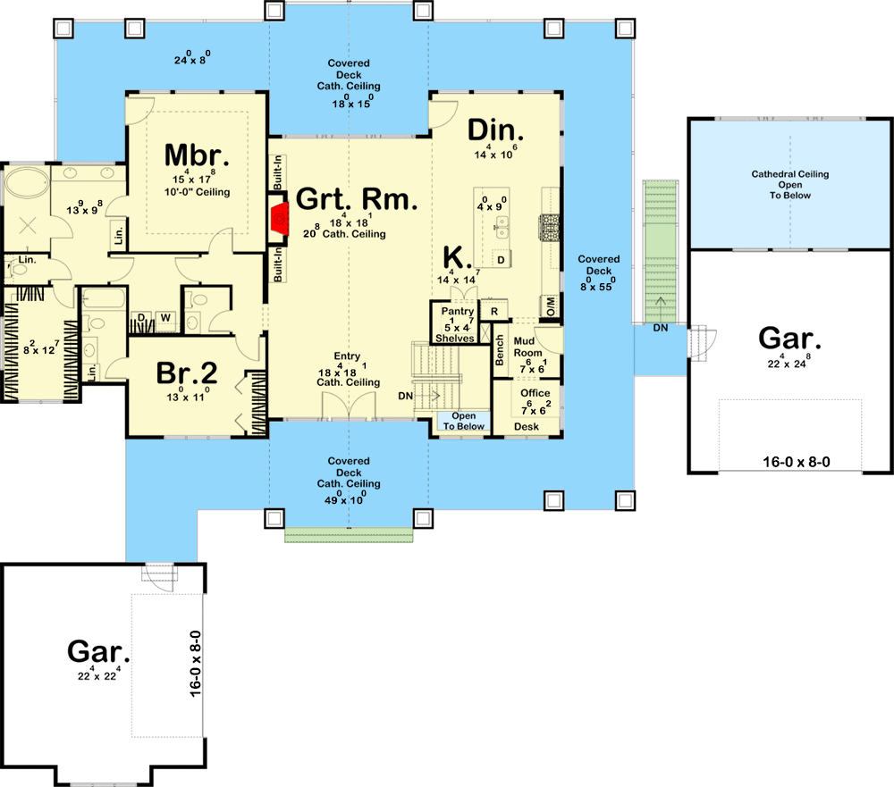 Plan 62910DJ: Lake House with Massive Wraparound Covered Deck - Floor Plan - Main Level - Country, Mountain, Ranch, Rustic, Shingle, Vacation