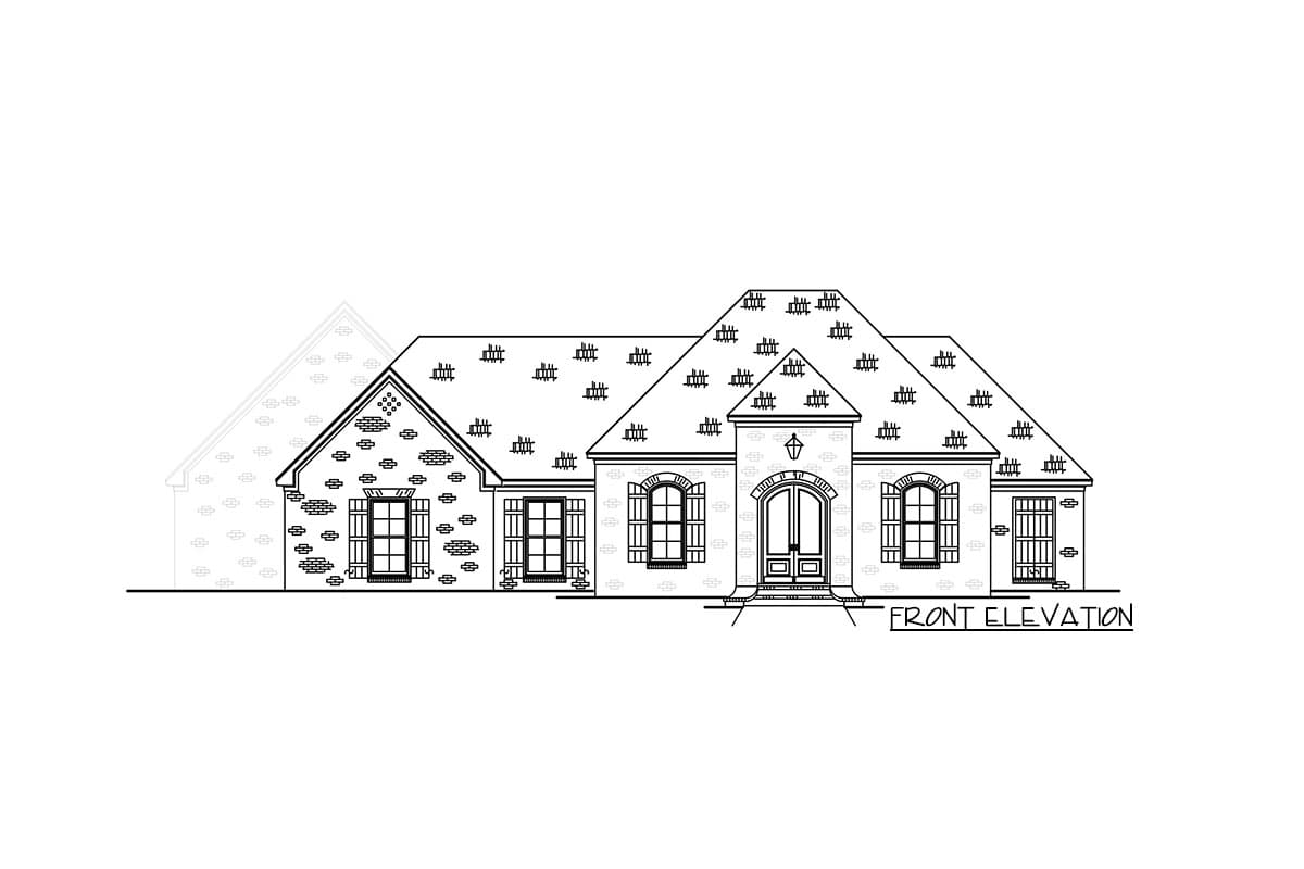 Front elevation house plan with a symmetrical facade, arched entryway, varied rooflines, and brick detailing.