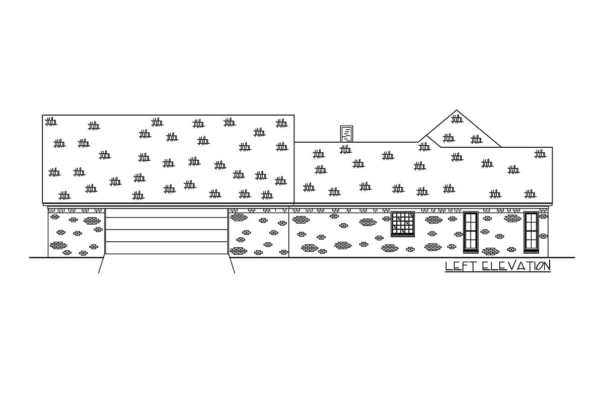 Left elevation house plan drawing showing a garage, brick accents, pitched roof with dormer, and windows.