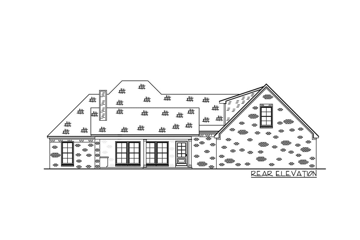 Rear elevation house plan with varied rooflines, multiple windows, and a prominent chimney.
