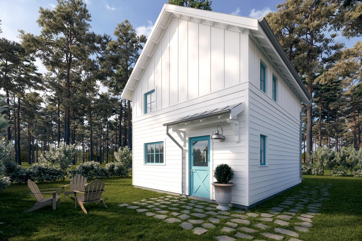 Modern Farmhouse house plan exterior with white board-and-batten siding, metal roof, and blue-trimmed windows.