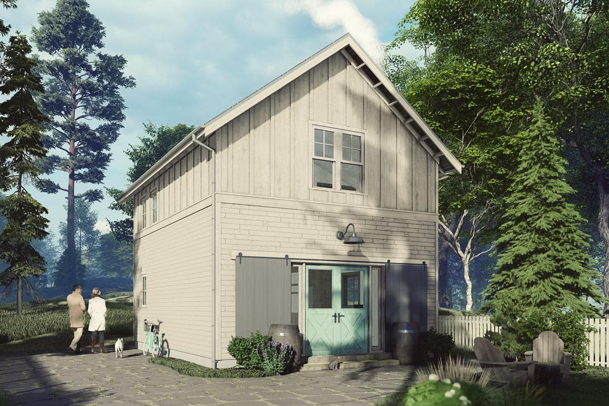 Modern Farmhouse house plan exterior with vertical siding, gabled roof, double barn doors, and teal double-door entry.