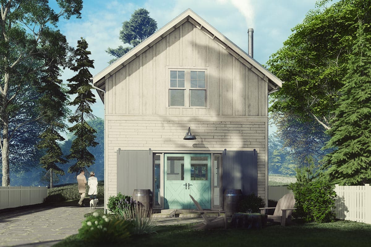 House plan exterior. Two-story farmhouse with gabled roof, sliding barn doors, and a small porch. Features a chimney and a small front door.