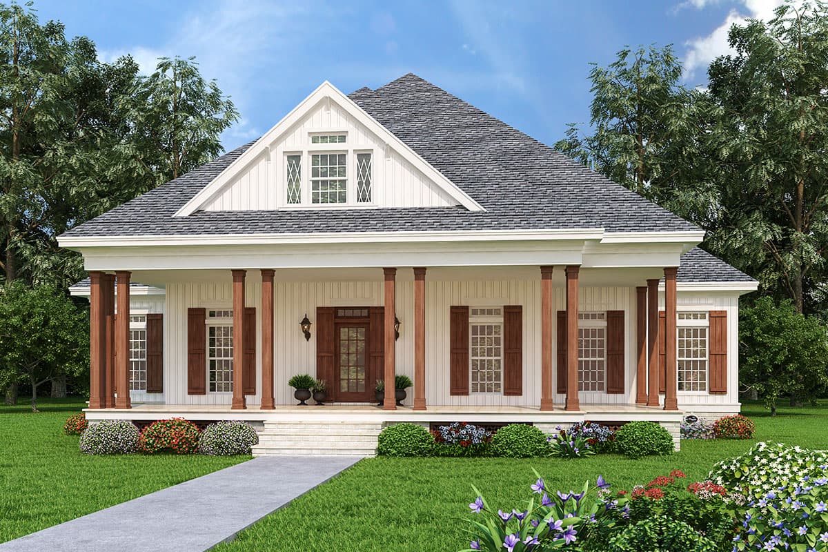 House plan exterior. Craftsman style, single-story home with front porch supported by columns. Features include gable roof and shuttered windows.