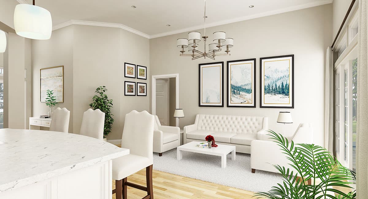 Living room rendering with white tufted sofa, armchairs, coffee table, island seating, and artwork.