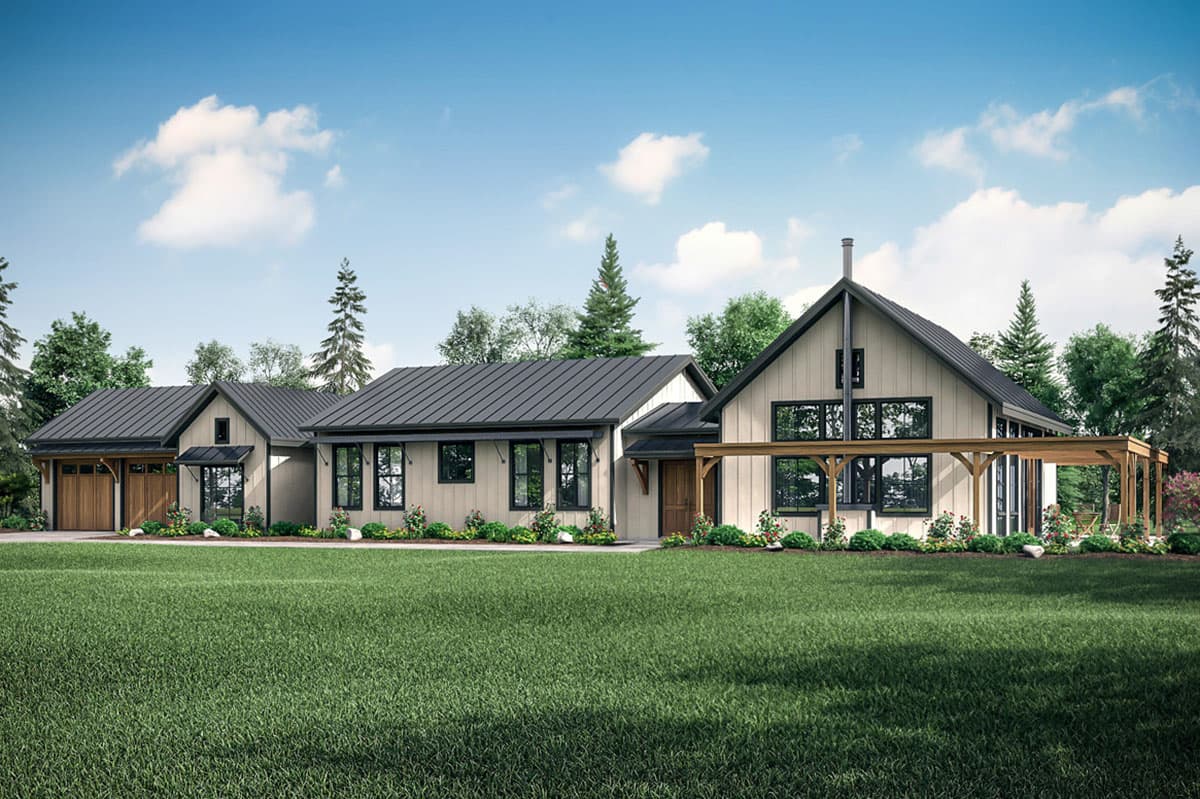Modern farmhouse house plan exterior with metal roof, gables, dormers, and attached garage.