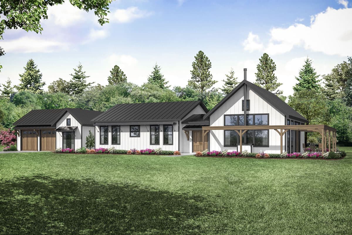 Modern farmhouse house plan exterior with a gabled roof, a pergola, and a detached garage with a dark metal roof and white siding.