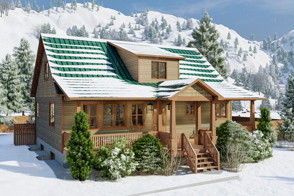 House plan exterior with two stories and a green metal roof. Features include a front porch, gables, and dormer windows.