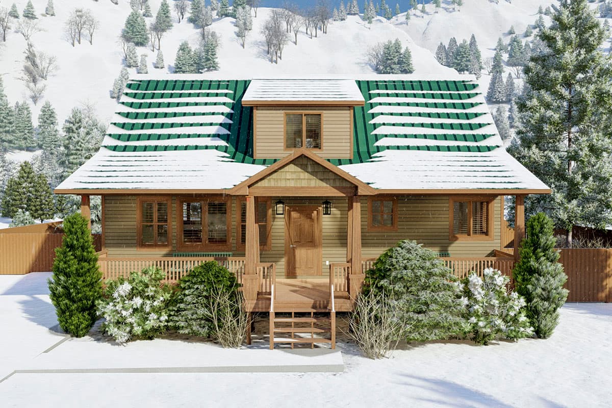 House plan exterior: Two-story cabin with a green metal roof, dormer, front porch, and wood siding.